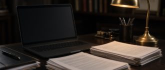 Стол с документами и ноутбуком для правки длинного текста