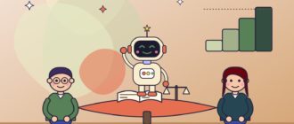 Двое людей и спокойный бежевый робот сидят за круглым столом с книгой правил и весами, на стене схема со ступенями уровней безопасности
